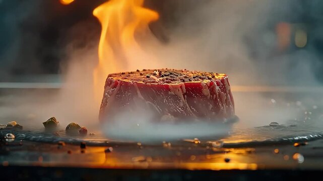 炎に包まれた鉄板焼きステーキが赤く輝き香ばしさが漂う豪快な瞬間