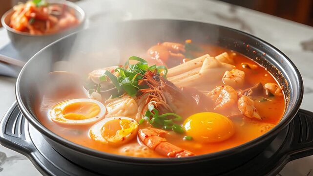 熱々の湯気が立ちのぼるチゲ鍋を囲む温かな食卓の料理シーン
