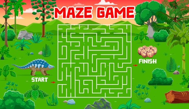 Labyrinth maze game worksheet, help dinosaur mon find her dino kids egg. Kids quiz game vector worksheet, search path puzzle or riddle. Labyrinth maze with panoplosaurus dinosaur mother and eggs