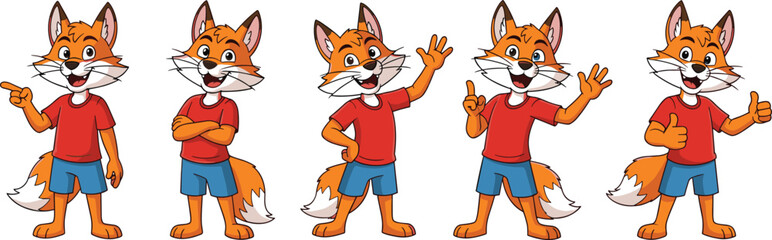 Cartoon fox character icon set, expressive animal poses in red shirt and blue shorts, cad drawing flat vector illustration