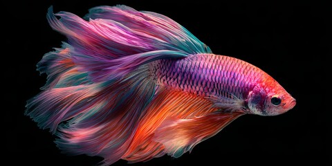 Fototapeta premium Vibrant Betta Fish with Flowing Fins and Colorful Patterns Swimming Gracefully Against a Black Background