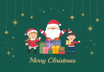 초록색 배경에 크리스마스 선물 행복한 산타와 아이들