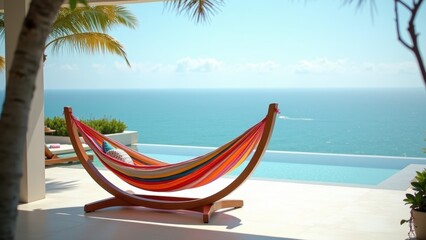 Fototapeta premium Colorful hammock on modern terrace overlooking calm sea bright clear horizon soothing leisure atmosphere