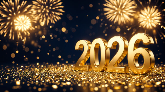 Neujahr 2026: Goldene 3D-Zahlen mit Feuerwerk, Glitter und Bokeh-Effekten