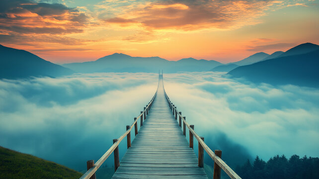 Boardwalk bridge over sea of fog at sunrise leading to distant mountains with dramatic sky and serene atmosphere