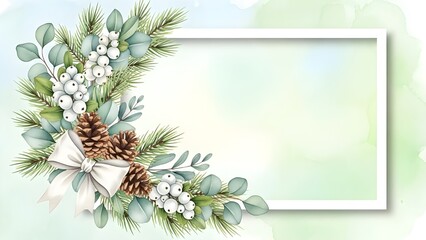 Fototapeta premium Winter floral frame with pine cones and greenery on soft background