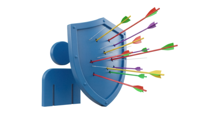 Blue shield with arrows isolated PNG, protection from attacks concept, security and defense metaphor, safety and resilience, risk management, insurance, vulnerability