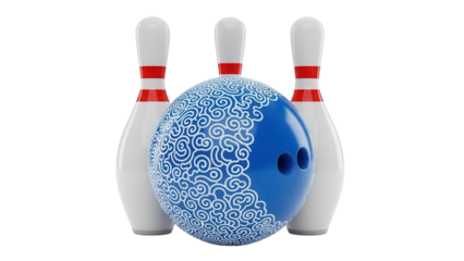 Blue bowling ball with white swirls and bowling pins isolated PNG, sport equipment for bowling alley and recreational activity