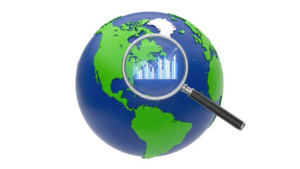 Earth globe with magnifying glass isolated PNG, showing global business growth and financial analysis on transparent background