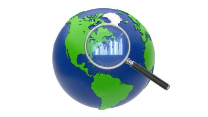 Earth globe with magnifying glass isolated PNG, showing global business growth and financial analysis on transparent background