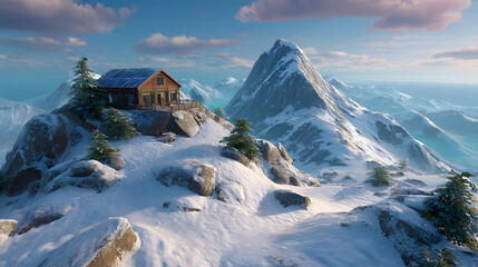 Lonely lodge on hilltop with panoramic view of snowy peaks 