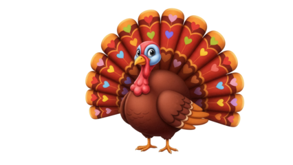 Festive cartoon turkey PNG isolated on transparent background, Thanksgiving bird with colorful heart feathers for holiday design