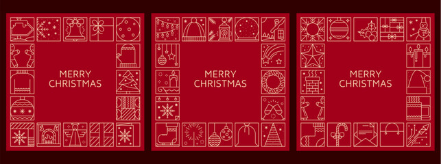 Christmas line ornament invitation or greeting card. Vector banners with snowflake, bell, gift, cookie, garland, cap, house, bauble, wreath, angel, holly, mistletoe and firework on red background