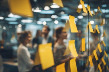 Contemporary office space with soft overhead lighting, showcasing a focused team of business people brainstorming with vibrant sticky notes on a glass wall, embodying innovation and teamwork