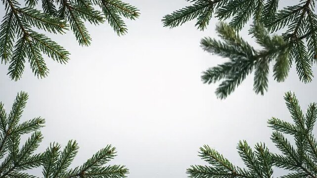 Green evergreen pine branches frame the blue winter sky, perfect for a Christmas holiday decoration or New Year's card border