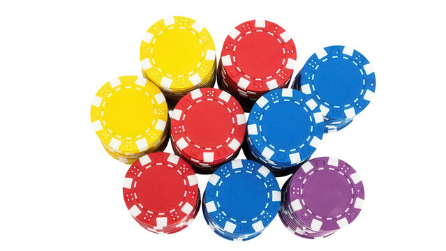 Stacks of colorful poker chips PNG isolated on transparent background, gambling game tokens for casino and betting