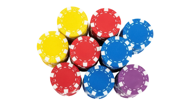 Stacks of colorful poker chips PNG isolated on transparent background, gambling game tokens for casino and betting - Powered by Adobe