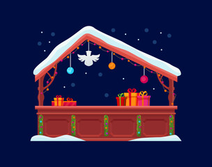Obraz premium Christmas market booth with winter holiday gifts or street bazaar kiosk, cartoon vector. Christmas market store booth or shop kiosk with snow on roof, Xmas tree bauble decorations and angel ornament
