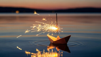 Sparkling Paper Boat Navigating Calm Water at Twilight