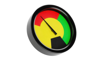 Gauge with needle pointing to yellow isolated PNG, indicating medium level, speedometer for dashboard, measurement tool on transparent background