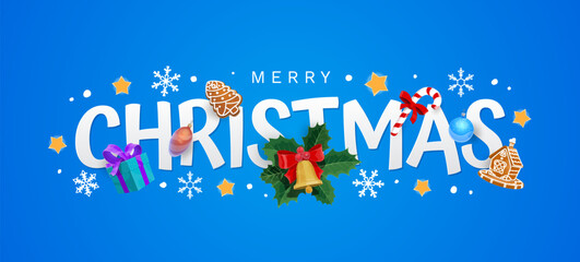 Fototapeta premium Merry Christmas greeting card in elegant blue color with holiday elements. Vector banner with stars, snowflakes, gifts, red bows, gingerbread cookies, candy cane and baubles framing the holiday text