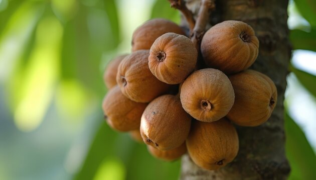 Cluster of brown kepel fruits on tree branch against blurred green leaves. Exotic tropical produce is oval shaped with rough skin, rare indonesian food.