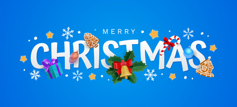 Merry Christmas greeting card in elegant blue color with holiday elements. Vector banner with stars, snowflakes, gifts, red bows, gingerbread cookies, candy cane and baubles framing the holiday text - Powered by Adobe