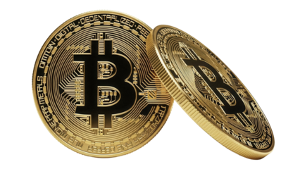 Two golden Bitcoin coins isolated PNG, cryptocurrency digital money for investment and finance on transparent background