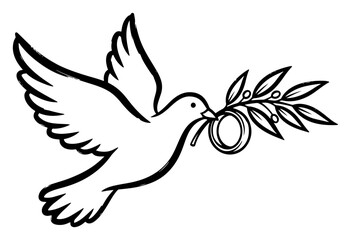 Obraz premium Vector line art illustration of a flying dove holding an olive branch and a wedding ring hand drawn sketch of a bird symbol of peace and love