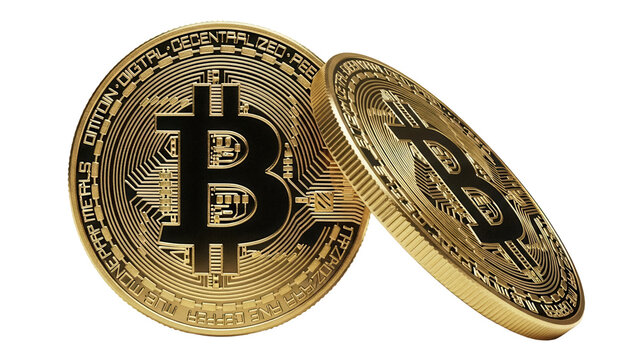 Two golden Bitcoin coins isolated PNG, cryptocurrency digital money for investment and finance on transparent background