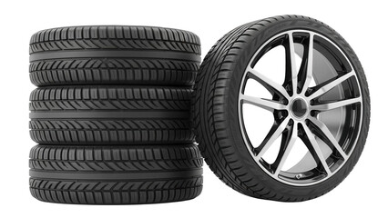 Stack of four car tires and one tire with rim isolated PNG, automotive equipment for vehicle...