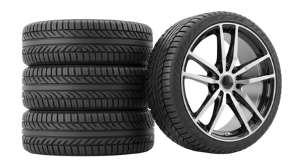 Stack of four car tires and one tire with rim isolated PNG, automotive equipment for vehicle maintenance on transparent background