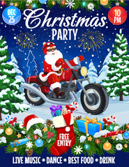 Christmas winter holiday party flyer, featuring Santa cartoon character riding a motorcycle in snowy forest with fireworks, festive garlands, gifts and sock. Vector invitation for holiday celebration