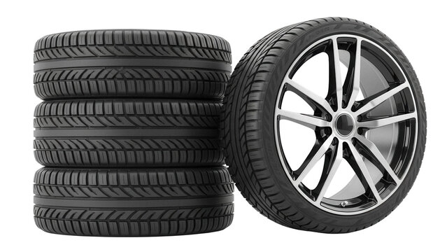 Stack of four car tires and one tire with rim isolated PNG, automotive equipment for vehicle maintenance on transparent background