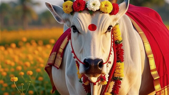Festive Cow - White Indian Cow Adorned with Flowers and Garlands. Sacred Animal & Cultural Celebration.

