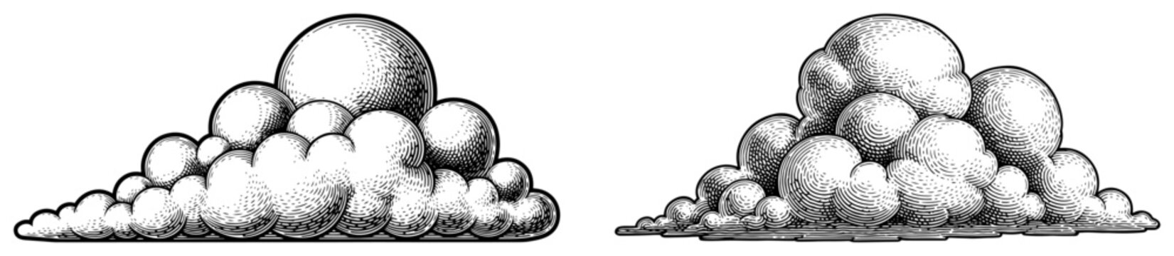Vintage engraving style clouds set showing fluffy cumulus weather elements vector illustration