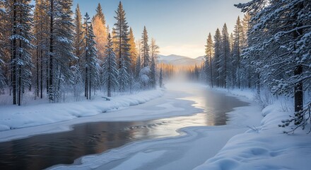Serene winter wonderland: A river flows through snowy forests at sunset