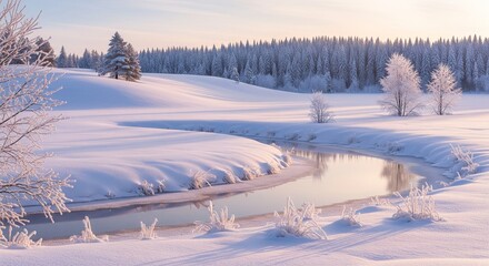 Tranquil Winter Scene: Snow-Covered Landscape with Flowing River and Bare Trees