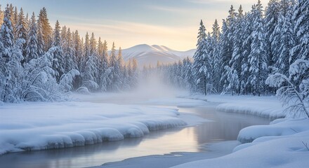Serene Winter Landscape with Snow Covered Trees and Mountain Vista