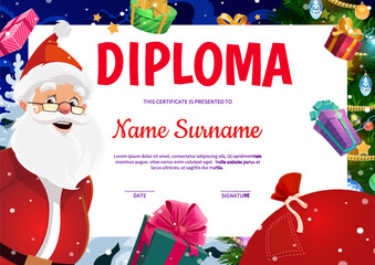 Christmas and winter holidays horizontal diploma certificate. Vector education school or kindergarten kids Xmas frame. Cartoon award diploma template with Santa character, gifts bag and pine tree