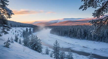 Serene Winter Landscape with Snow-Covered Trees and a Frozen River