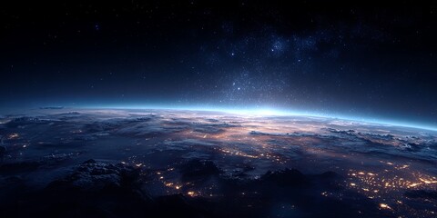 Majestic View of Earth from Space at Night with Glowing City Lights and Starry Sky, Capturing the Beauty of Our Planet s Atmosphere and Terrain