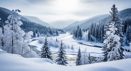 Serene Winter Landscape with River and Snow-Covered Trees