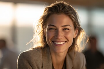 Successful smiling woman with a big grin, captured in natural light, wearing a stylish outfit, creating an inviting and cheerful atmosphere