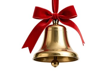 Golden bell with red bow for Christmas decoration and holiday celebrations