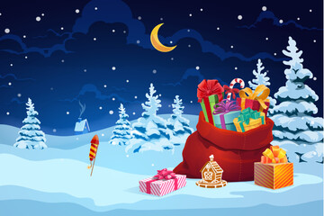 Merry Christmas greeting card with holiday gifts and bag on snow. Cartoon vector magical festive winter scene featuring gift boxes and Santa sack surrounded by trees under a night sky with snowflakes
