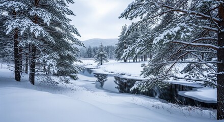 Tranquil Winter Landscape Featuring Snow Covered Trees and a River