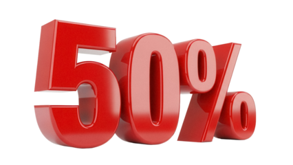 Shiny red 50 percent sign isolated PNG, promotional sale discount graphic on transparent background for marketing and advertising