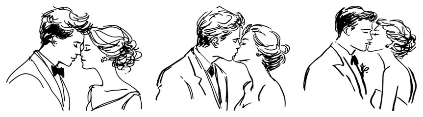 Set of three romantic sketches showing bride and groom kissing and looking at each other in wedding attire vector illustration