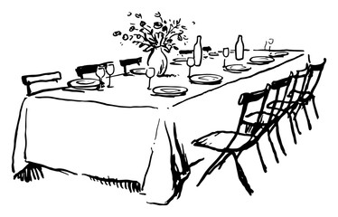 Wedding reception table setting with tablecloth chairs and tableware sketched in hand drawn style vector illustration © Celestynka